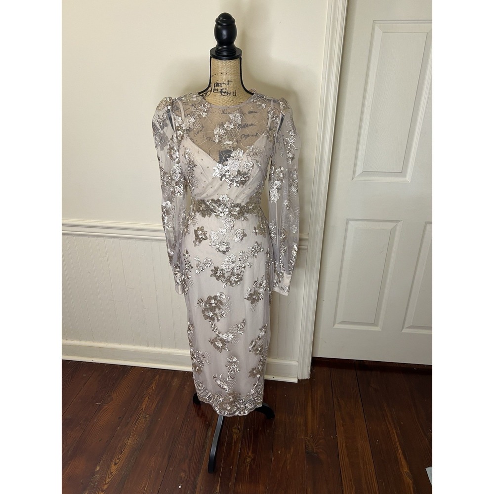 Mac‎ Duggal NWT Beige Embellished High Neck Illusion Long Sleeve Midi Dress Sz 4